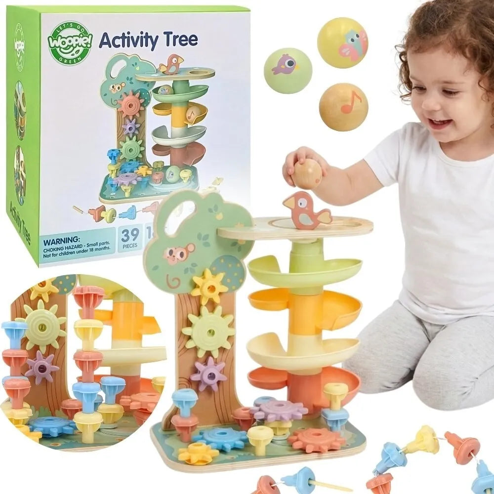 WOOPIE GREEN Montessori 4-in-1 medinis veiklos medis su kamuoliukų trasa